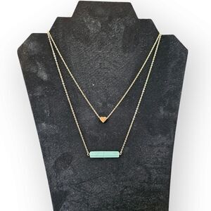 Aqua Blue Stone Bar Necklace and Floating Heart Necklace